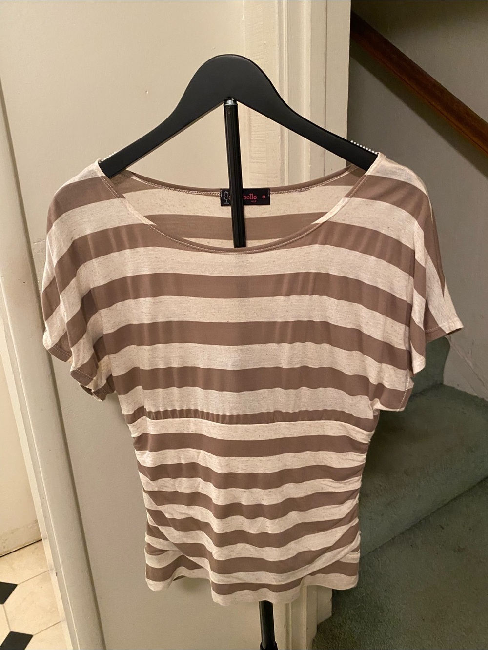 Annabelle Striped Short Sleeve Tee - Taupe & Cream size medium.